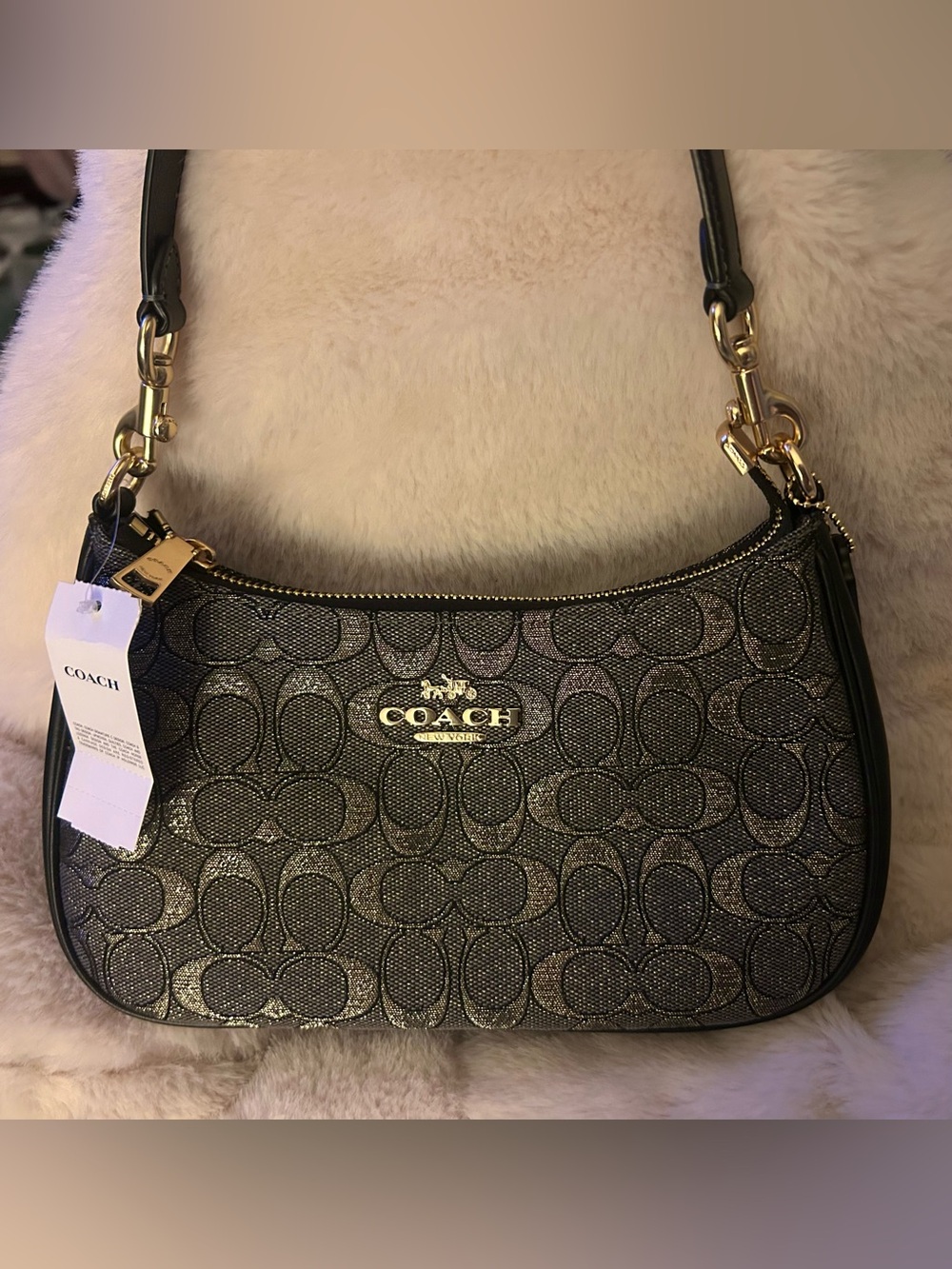 Coach Teri Shoulder Bag in Signature Jacquard Charcoal/Gold